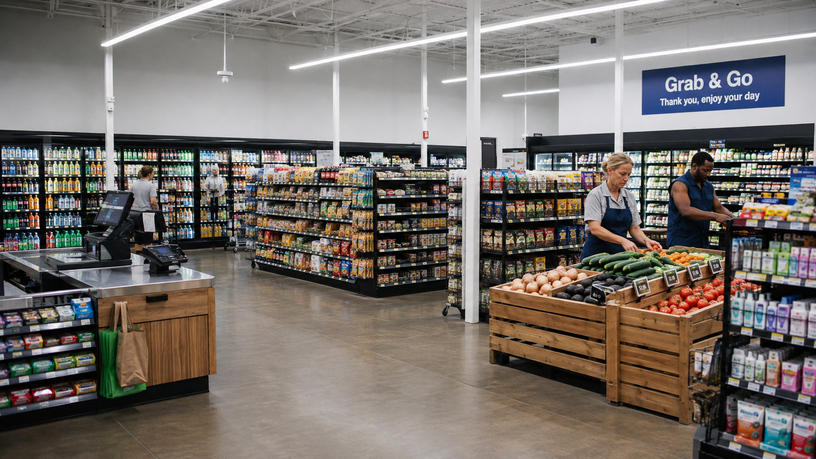 Retail store interior with stocked aisles, drinks refrigerators, a checkout and two coworkers at product displays